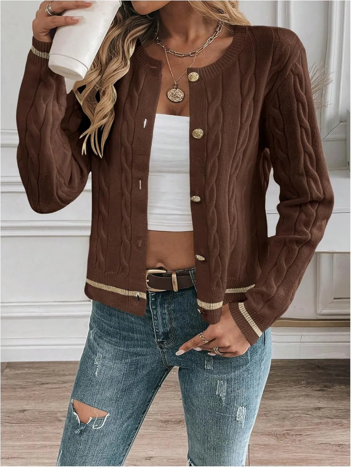 MakeMeChic Women's Cardigan Sweaters Cable Knit Sweater Button Down Shirt