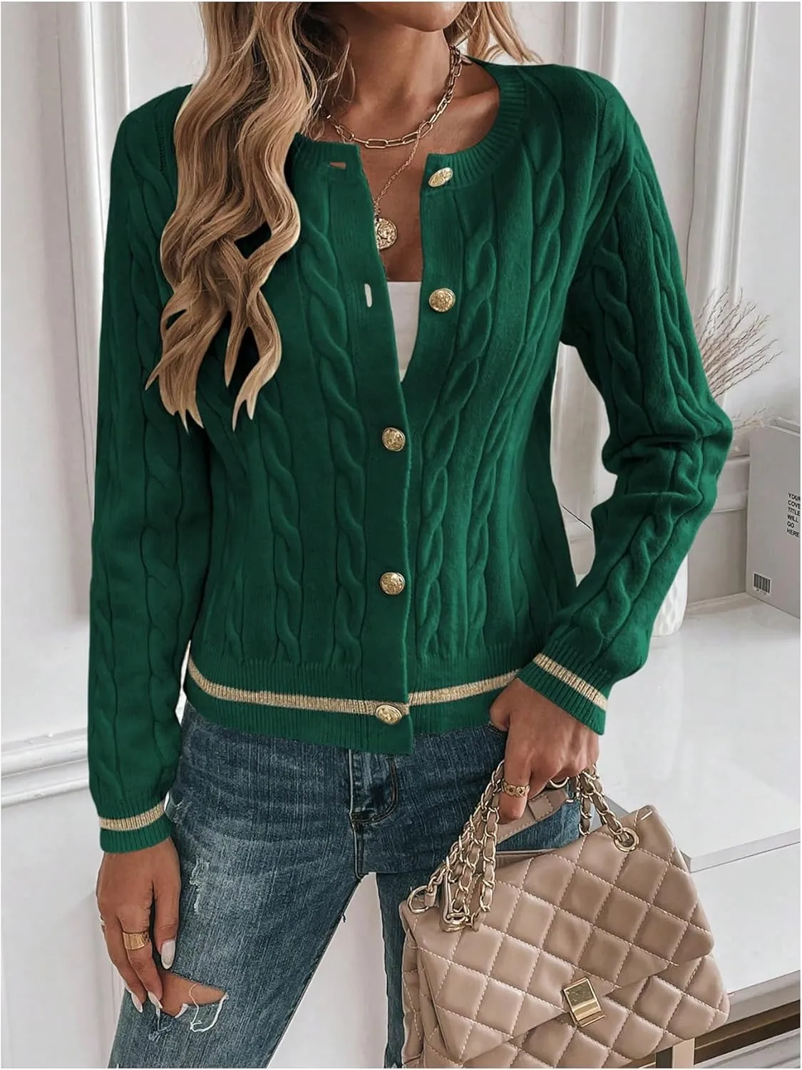 MakeMeChic Women's Cardigan Sweaters Cable Knit Sweater Button Down Shirt