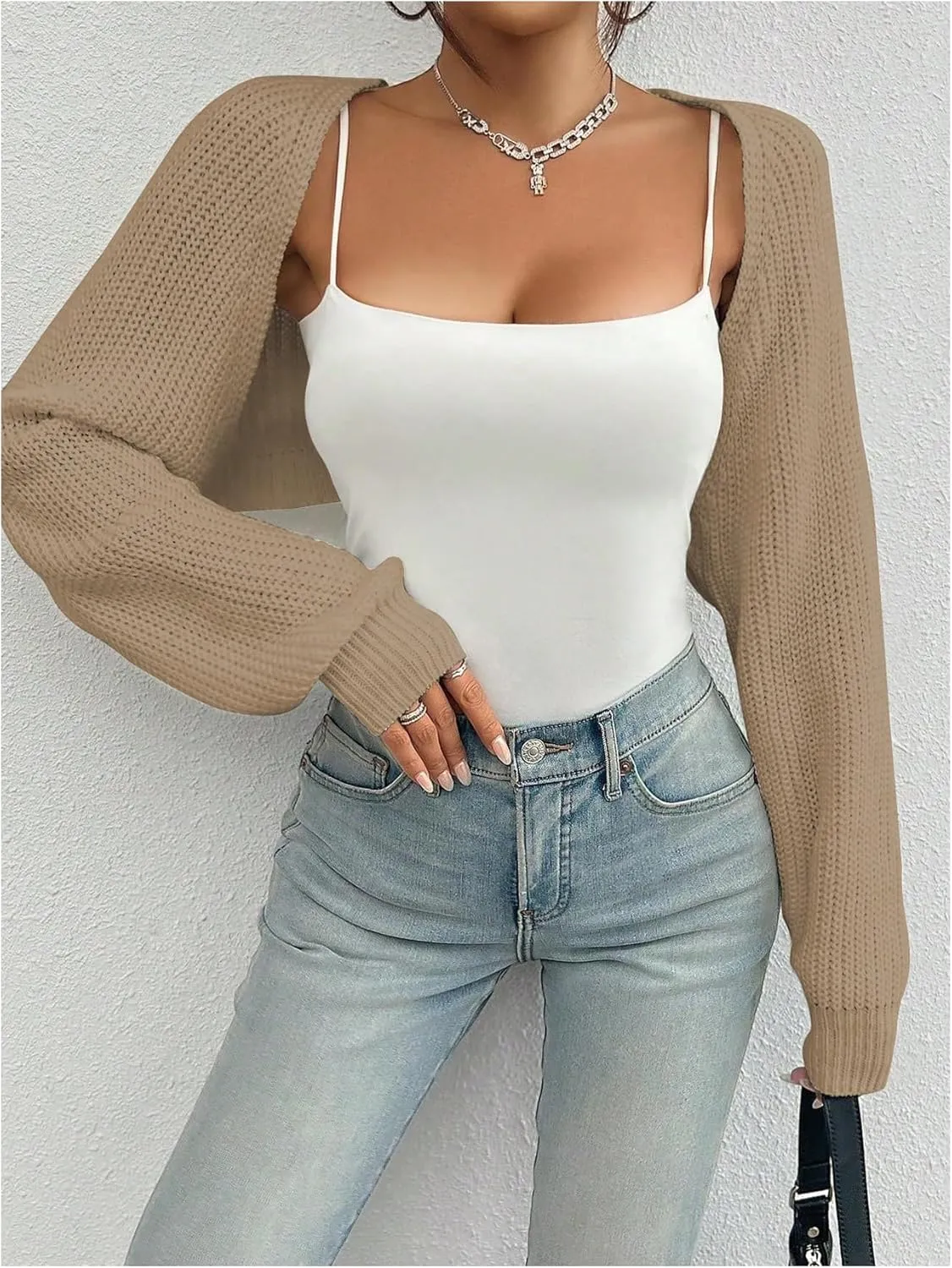 MakeMeChic Women's Cardigan Sweaters Open Front Cropped Cardigan Shrug