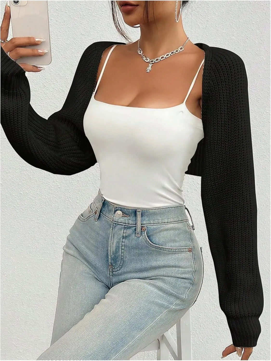 MakeMeChic Women's Cardigan Sweaters Open Front Cropped Cardigan Shrug