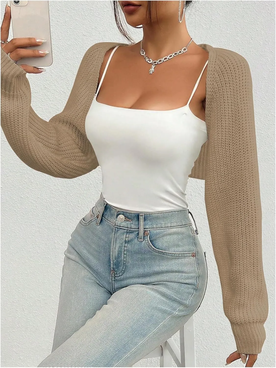 MakeMeChic Women's Cardigan Sweaters Open Front Cropped Cardigan Shrug