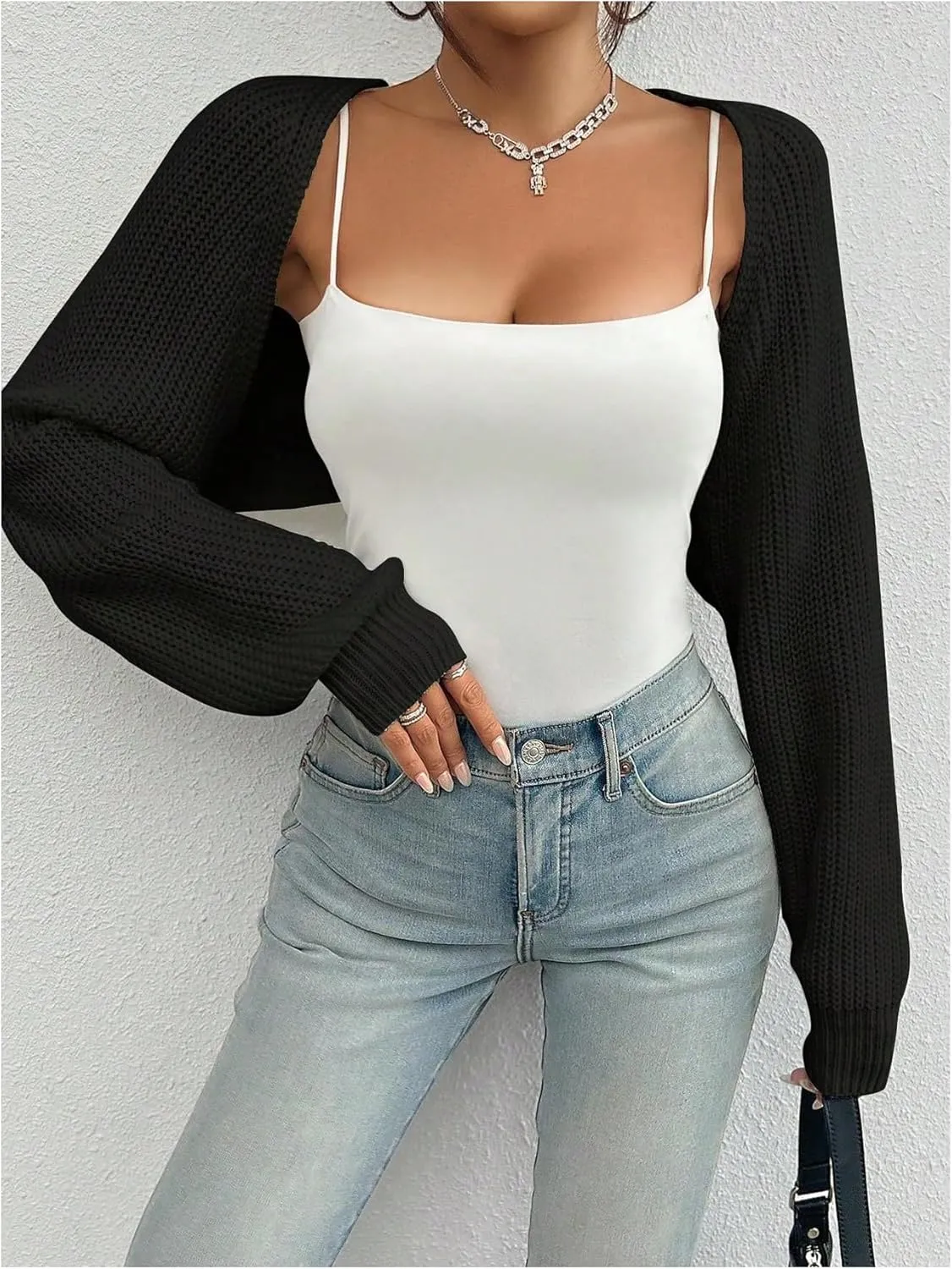 MakeMeChic Women's Cardigan Sweaters Open Front Cropped Cardigan Shrug