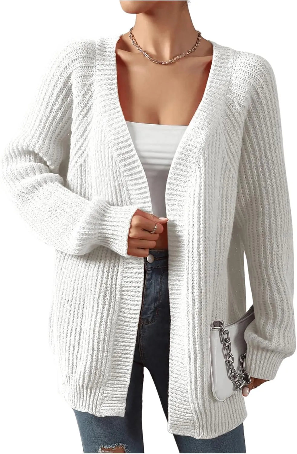 MakeMeChic Women's Chunky Knit Cardigan Open Front Casual Lantern Long Sleeve Sweaters