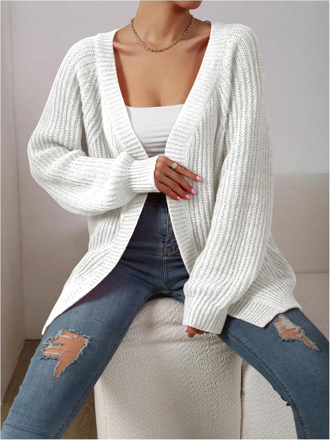 MakeMeChic Women's Chunky Knit Cardigan Open Front Casual Lantern Long Sleeve Sweaters