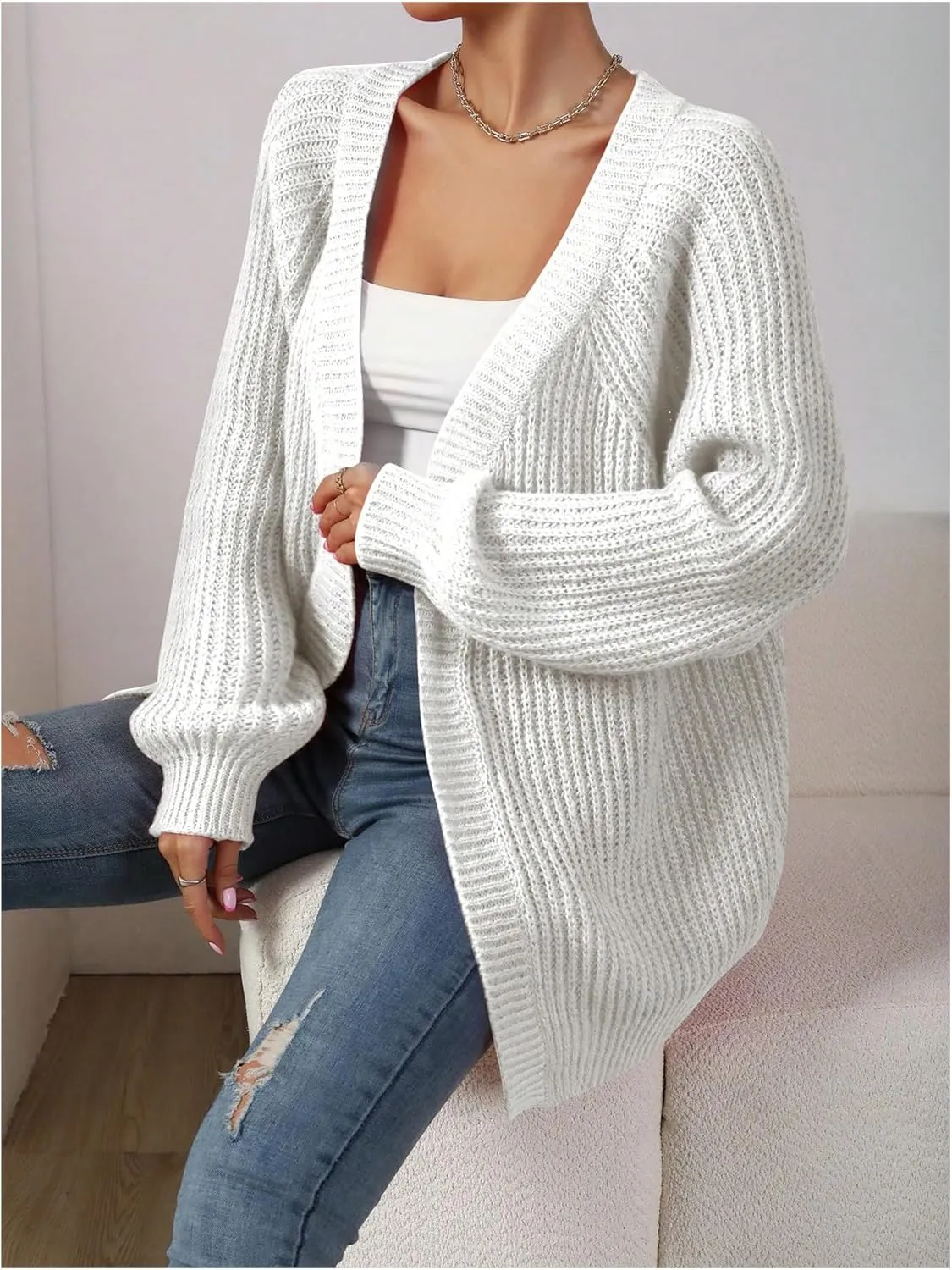 MakeMeChic Women's Chunky Knit Cardigan Open Front Casual Lantern Long Sleeve Sweaters