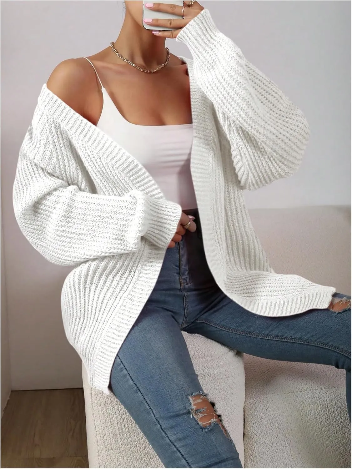 MakeMeChic Women's Chunky Knit Cardigan Open Front Casual Lantern Long Sleeve Sweaters