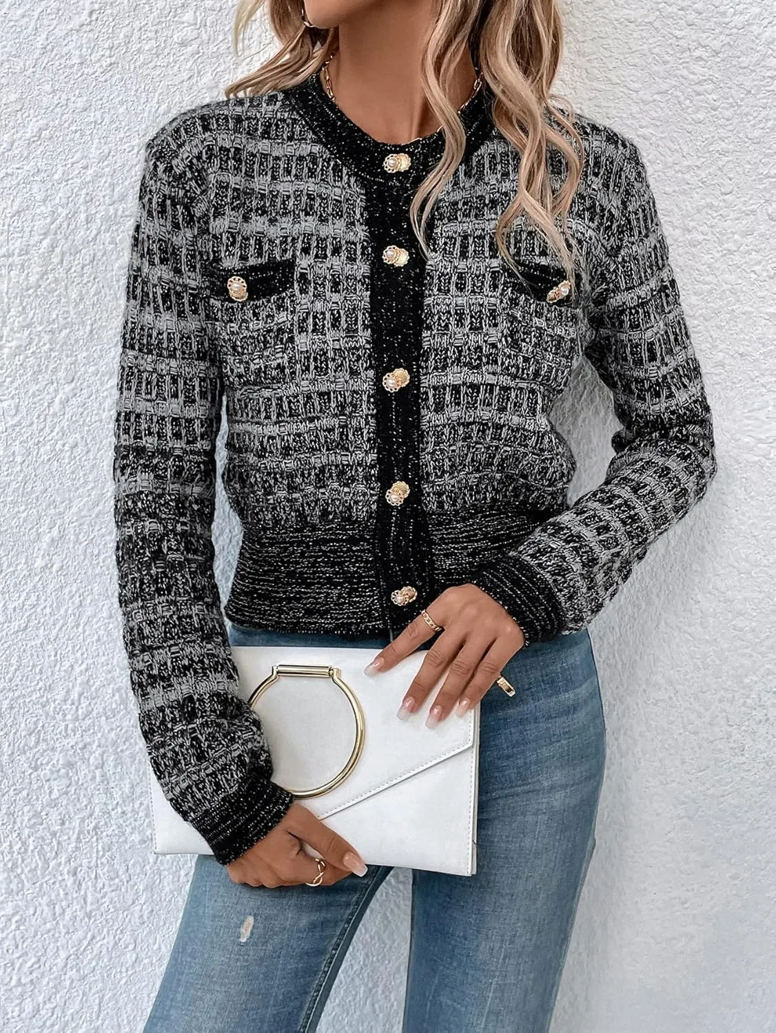 MakeMeChic Women's Cropped Cardigan Pearl Button Down Knit Open Front Sweaters Outerwear