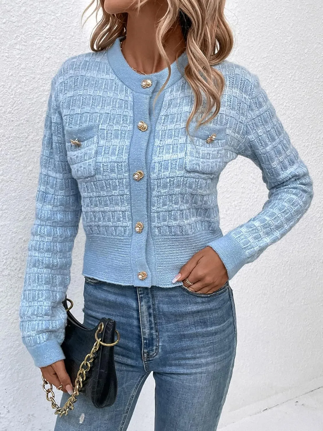 MakeMeChic Women's Cropped Cardigan Pearl Button Down Knit Open Front Sweaters Outerwear