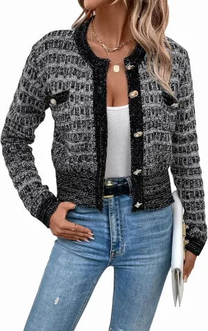 MakeMeChic Women's Cropped Cardigan Pearl Button Down Knit Open Front Sweaters Outerwear
