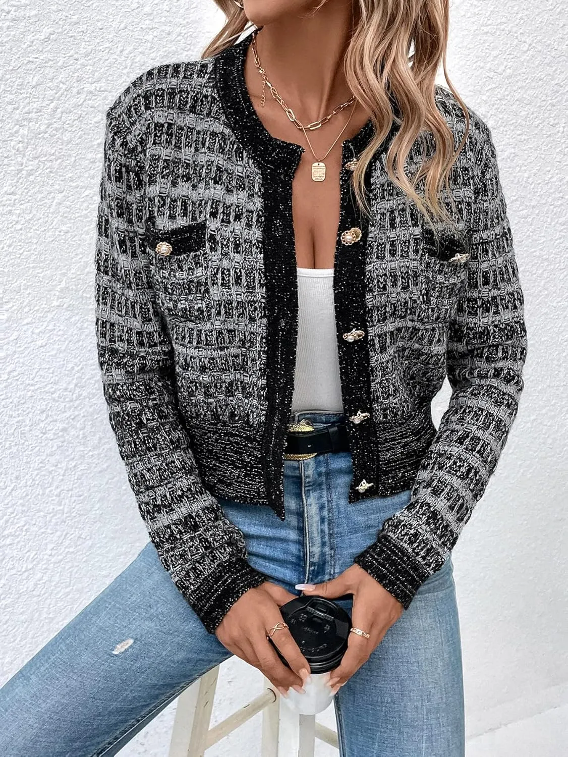 MakeMeChic Women's Cropped Cardigan Pearl Button Down Knit Open Front Sweaters Outerwear