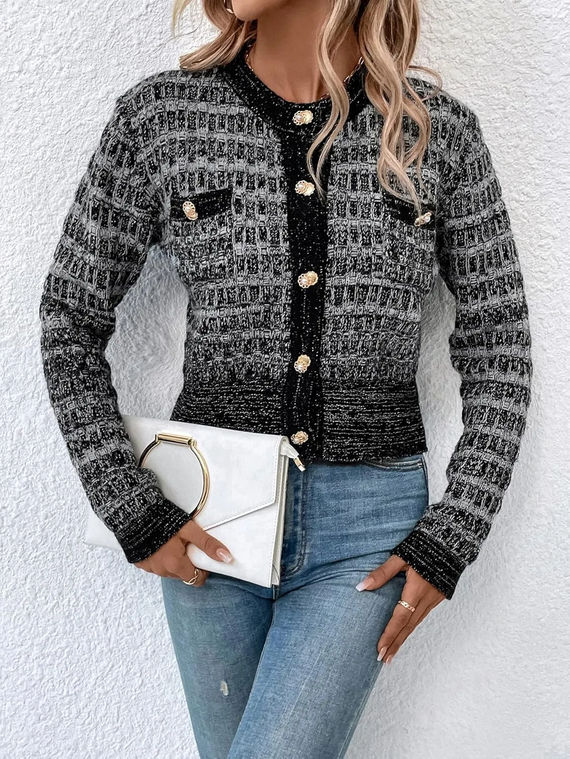 MakeMeChic Women's Cropped Cardigan Pearl Button Down Knit Open Front Sweaters Outerwear
