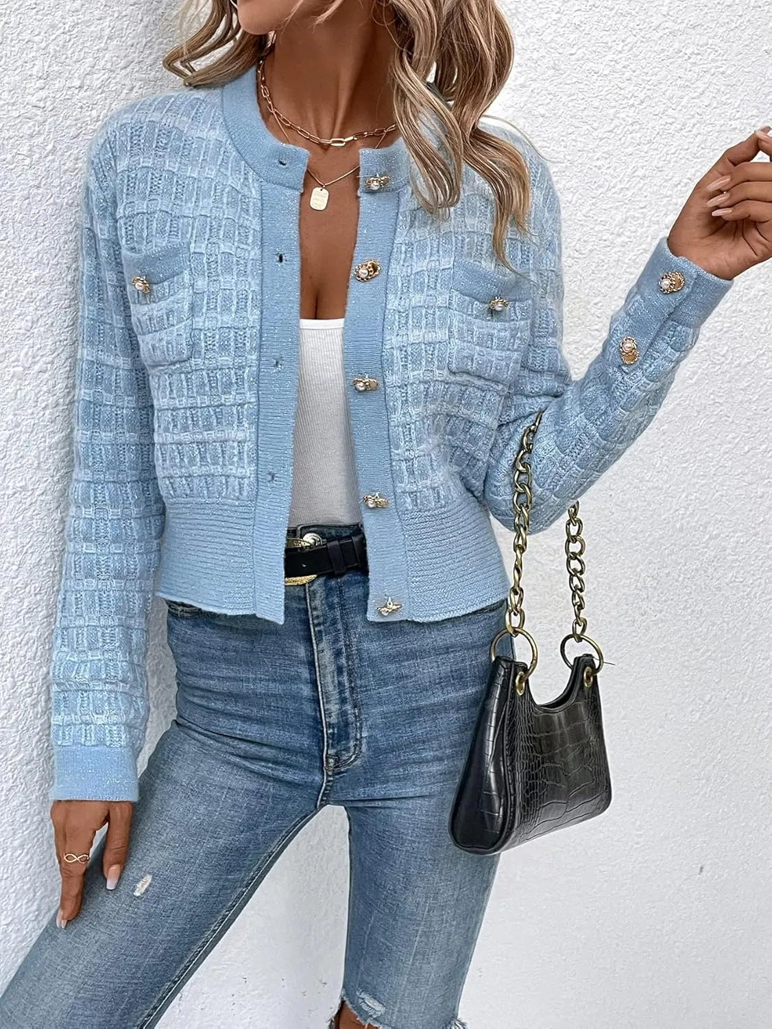 MakeMeChic Women's Cropped Cardigan Pearl Button Down Knit Open Front Sweaters Outerwear