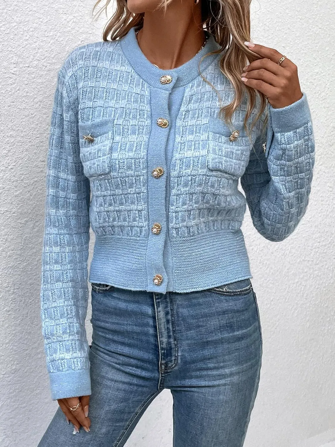 MakeMeChic Women's Cropped Cardigan Pearl Button Down Knit Open Front Sweaters Outerwear