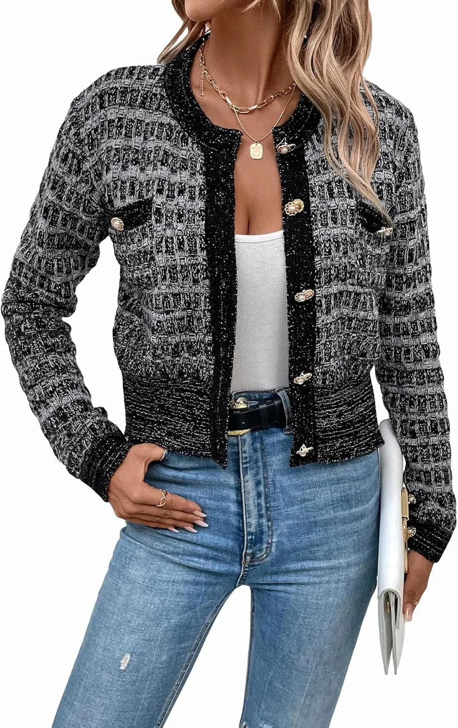 MakeMeChic Women's Cropped Cardigan Pearl Button Down Knit Open Front Sweaters Outerwear