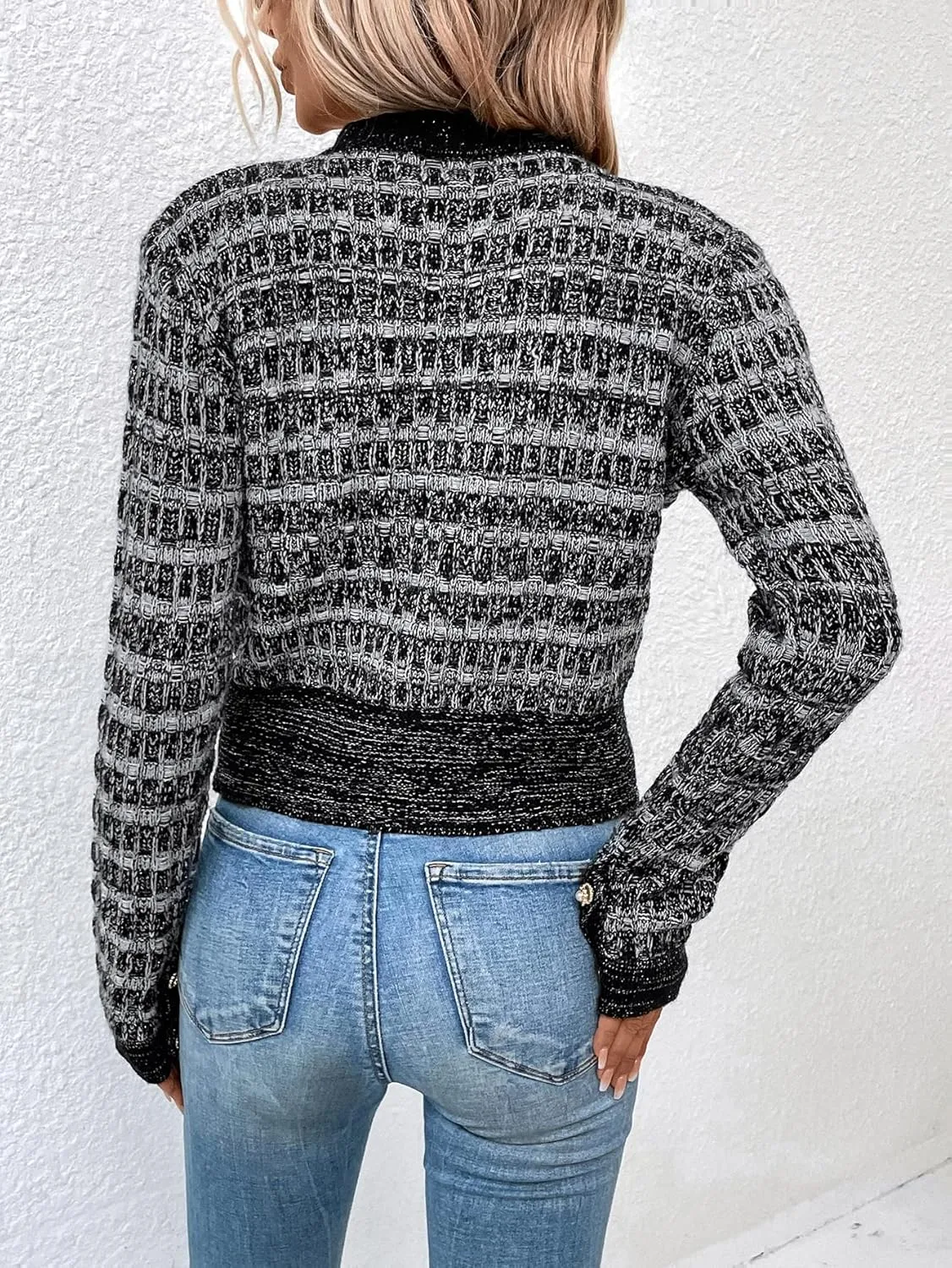 MakeMeChic Women's Cropped Cardigan Pearl Button Down Knit Open Front Sweaters Outerwear