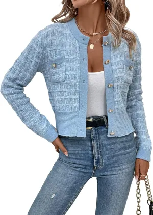 MakeMeChic Women's Cropped Cardigan Pearl Button Down Knit Open Front Sweaters Outerwear