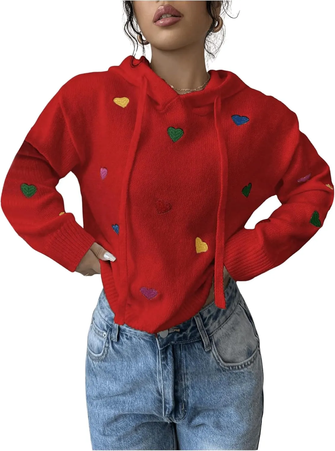 MakeMeChic Women's Heart Pattern Hooded Sweaters Drawstring Long Sleeve Knit Tops