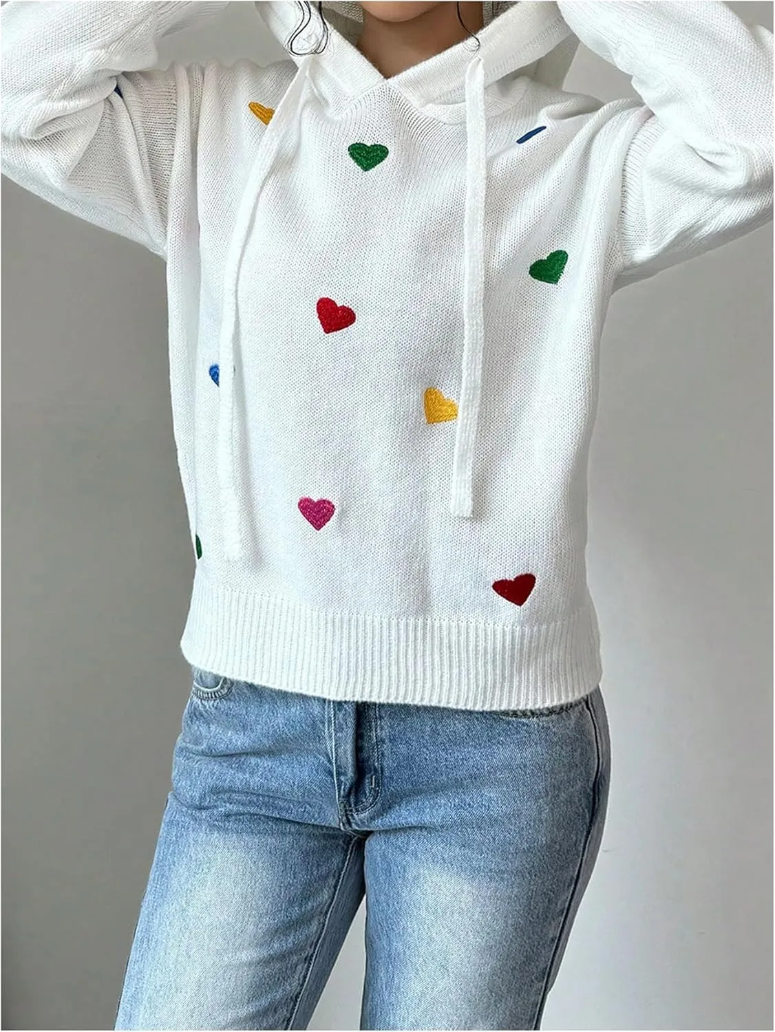MakeMeChic Women's Heart Pattern Hooded Sweaters Drawstring Long Sleeve Knit Tops