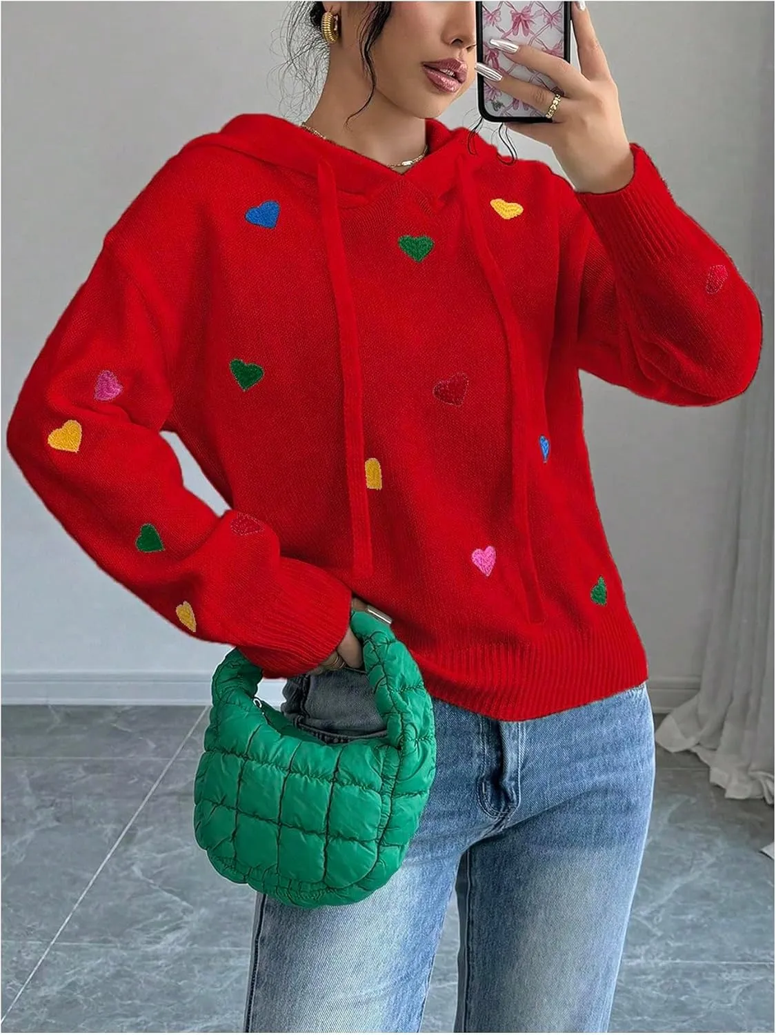 MakeMeChic Women's Heart Pattern Hooded Sweaters Drawstring Long Sleeve Knit Tops