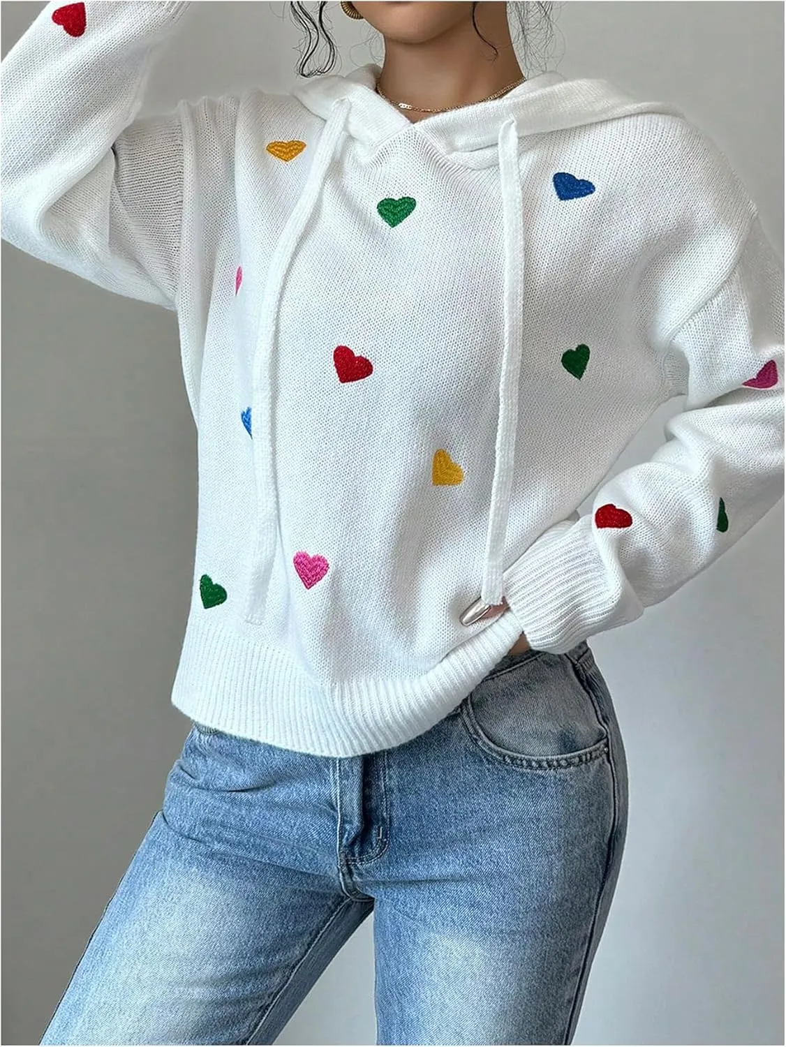 MakeMeChic Women's Heart Pattern Hooded Sweaters Drawstring Long Sleeve Knit Tops