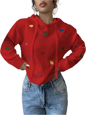 MakeMeChic Women's Heart Pattern Hooded Sweaters Drawstring Long Sleeve Knit Tops