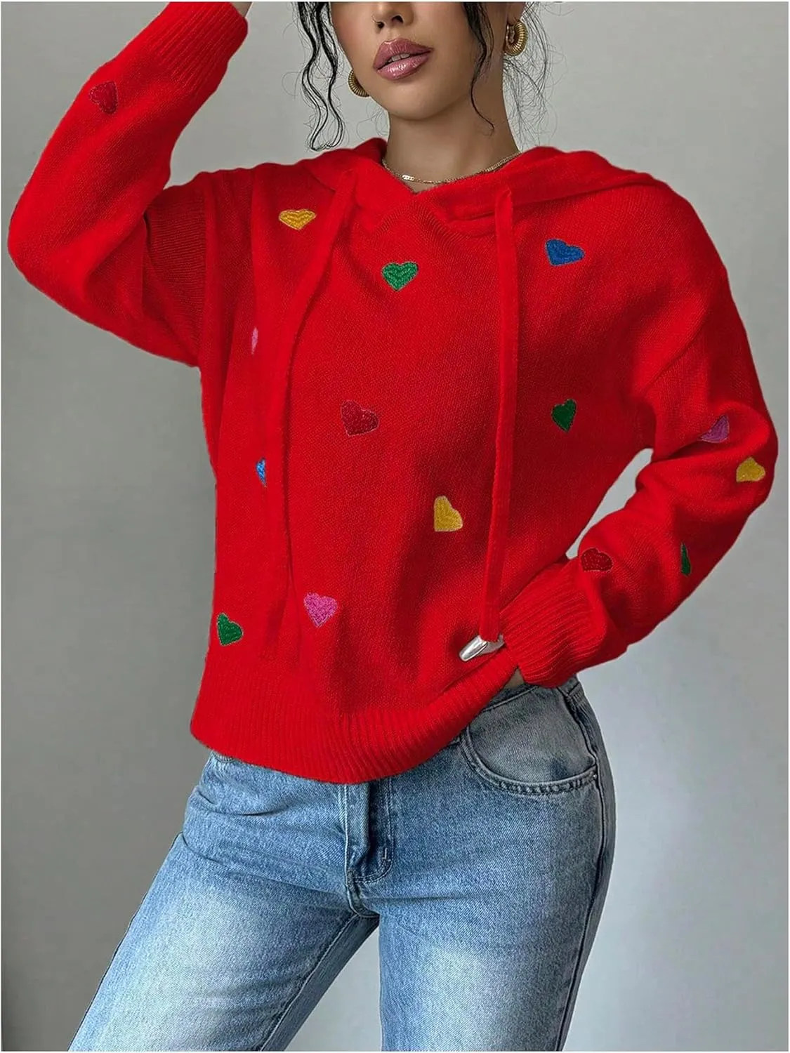 MakeMeChic Women's Heart Pattern Hooded Sweaters Drawstring Long Sleeve Knit Tops