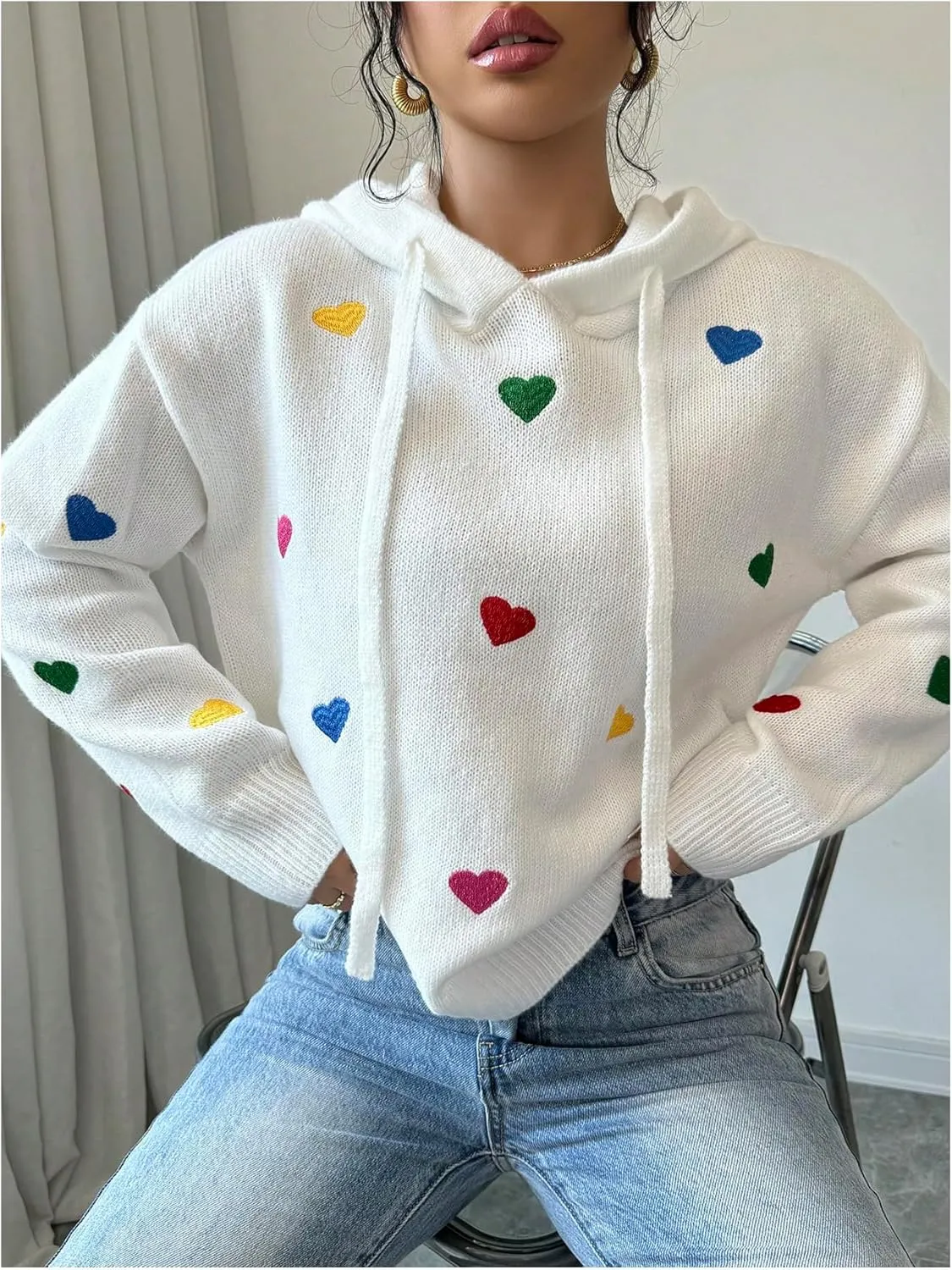 MakeMeChic Women's Heart Pattern Hooded Sweaters Drawstring Long Sleeve Knit Tops