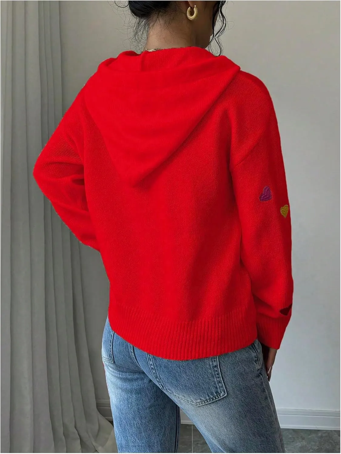 MakeMeChic Women's Heart Pattern Hooded Sweaters Drawstring Long Sleeve Knit Tops