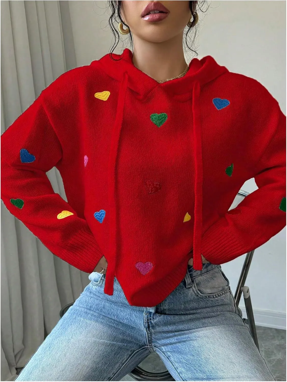 MakeMeChic Women's Heart Pattern Hooded Sweaters Drawstring Long Sleeve Knit Tops