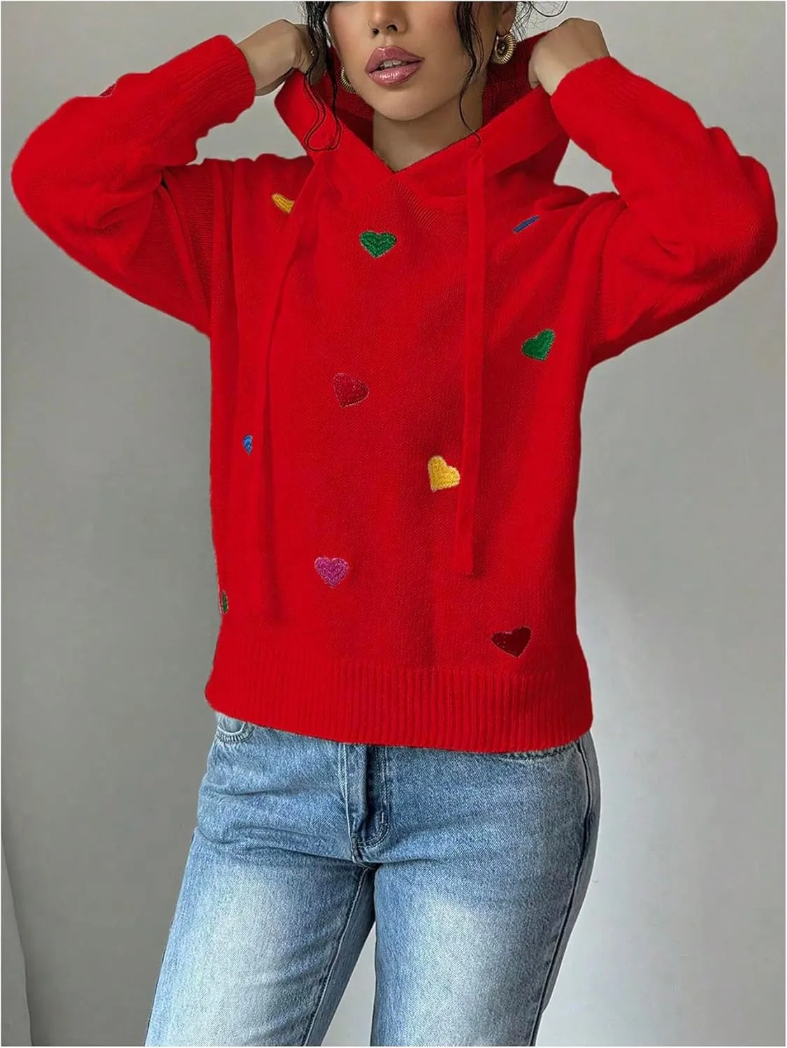 MakeMeChic Women's Heart Pattern Hooded Sweaters Drawstring Long Sleeve Knit Tops