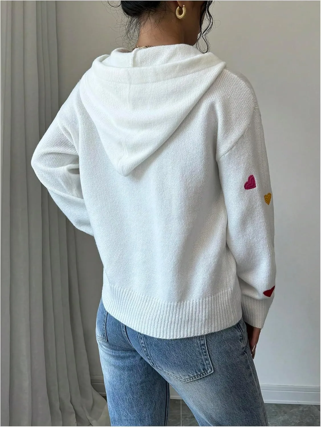 MakeMeChic Women's Heart Pattern Hooded Sweaters Drawstring Long Sleeve Knit Tops