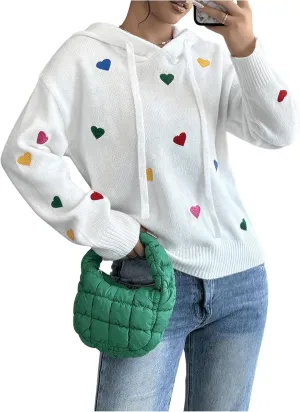 MakeMeChic Women's Heart Pattern Hooded Sweaters Drawstring Long Sleeve Knit Tops
