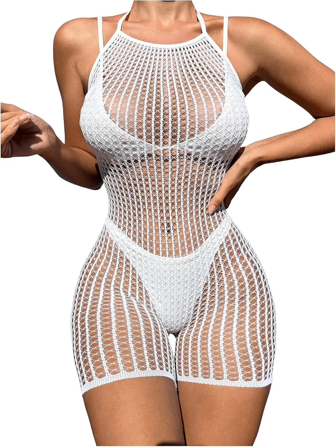 MakeMeChic Women's Swim Beach Cover Up Tie Back Halter Sheer Fishnet Cover Up Romper