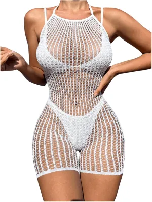 MakeMeChic Women's Swim Beach Cover Up Tie Back Halter Sheer Fishnet Cover Up Romper