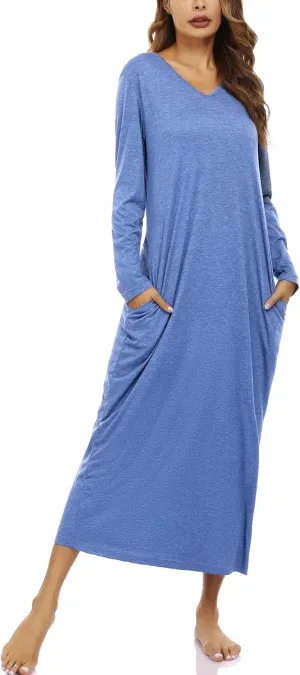 Marvmys Women Cotton Long Nightgowns Long Sleeves Nightshirts V Neck Full Length Sleep Shirts with Pocket