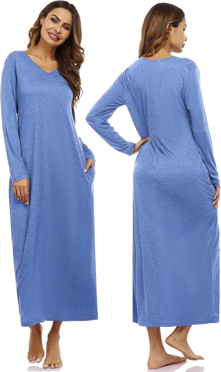 Marvmys Women Cotton Long Nightgowns Long Sleeves Nightshirts V Neck Full Length Sleep Shirts with Pocket