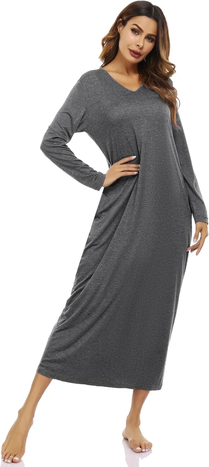 Marvmys Women Cotton Long Nightgowns Long Sleeves Nightshirts V Neck Full Length Sleep Shirts with Pocket