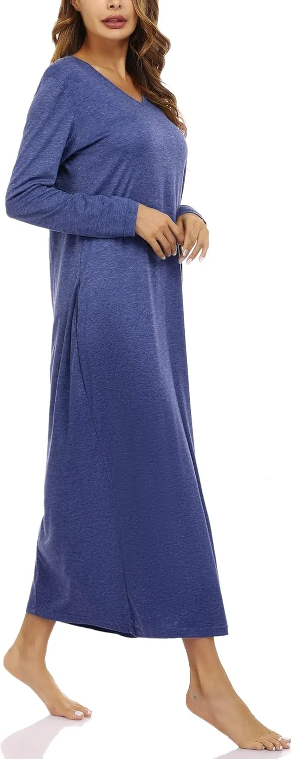 Marvmys Women Cotton Long Nightgowns Long Sleeves Nightshirts V Neck Full Length Sleep Shirts with Pocket