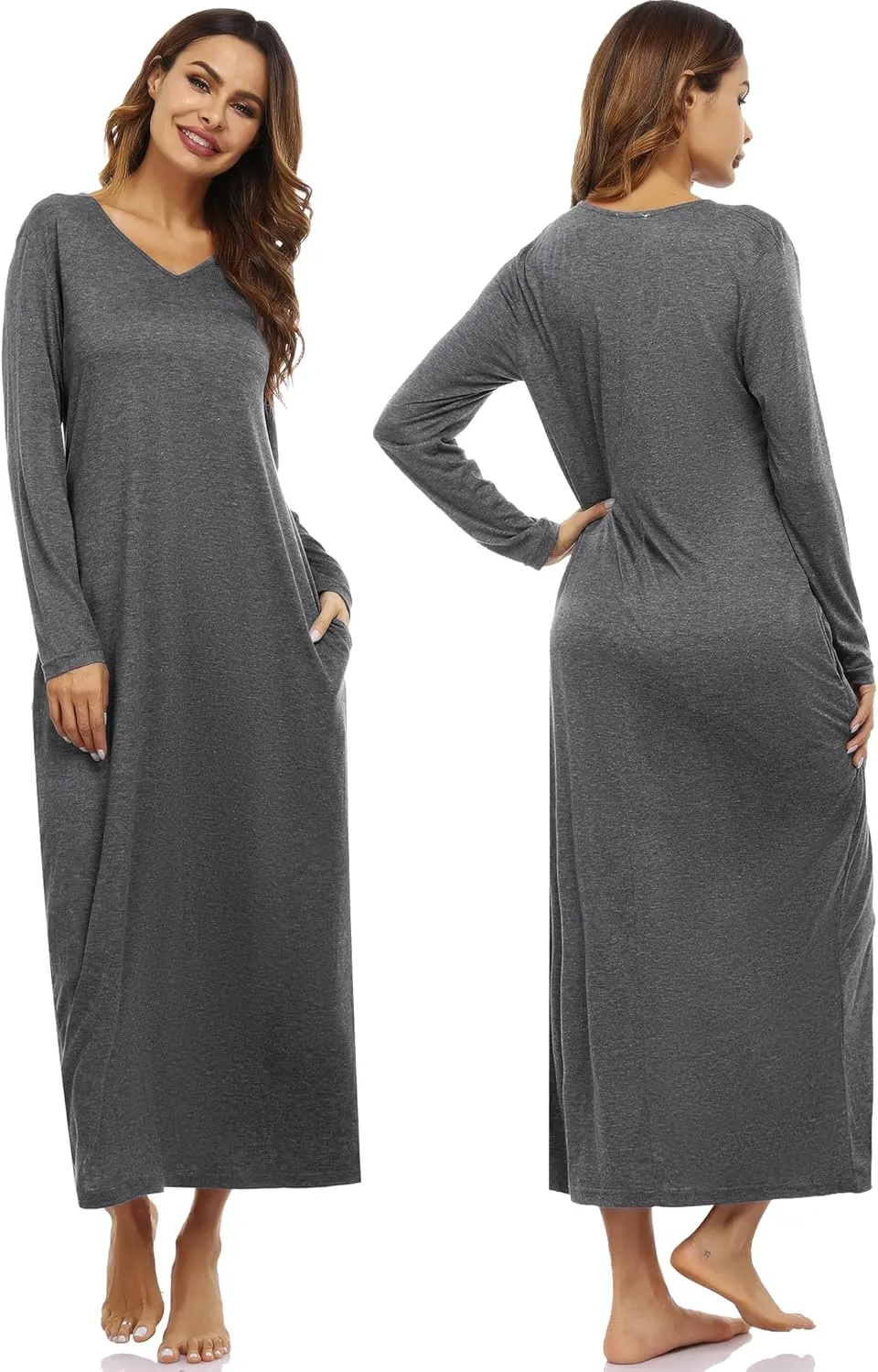 Marvmys Women Cotton Long Nightgowns Long Sleeves Nightshirts V Neck Full Length Sleep Shirts with Pocket