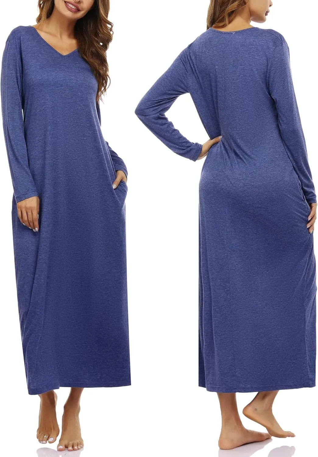 Marvmys Women Cotton Long Nightgowns Long Sleeves Nightshirts V Neck Full Length Sleep Shirts with Pocket