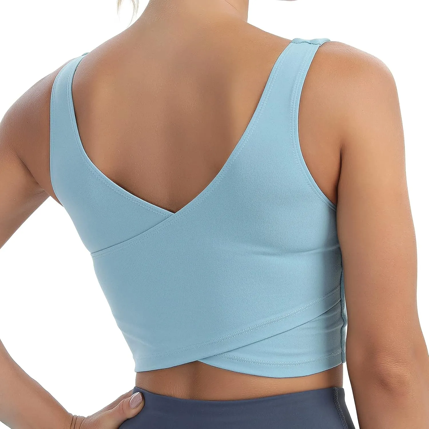MATHACINO Longline Sports Bras for Women, V-Neck Workout Padded Sports Yoga Bra Aesthetic Sports BraTank Tops Crop Top