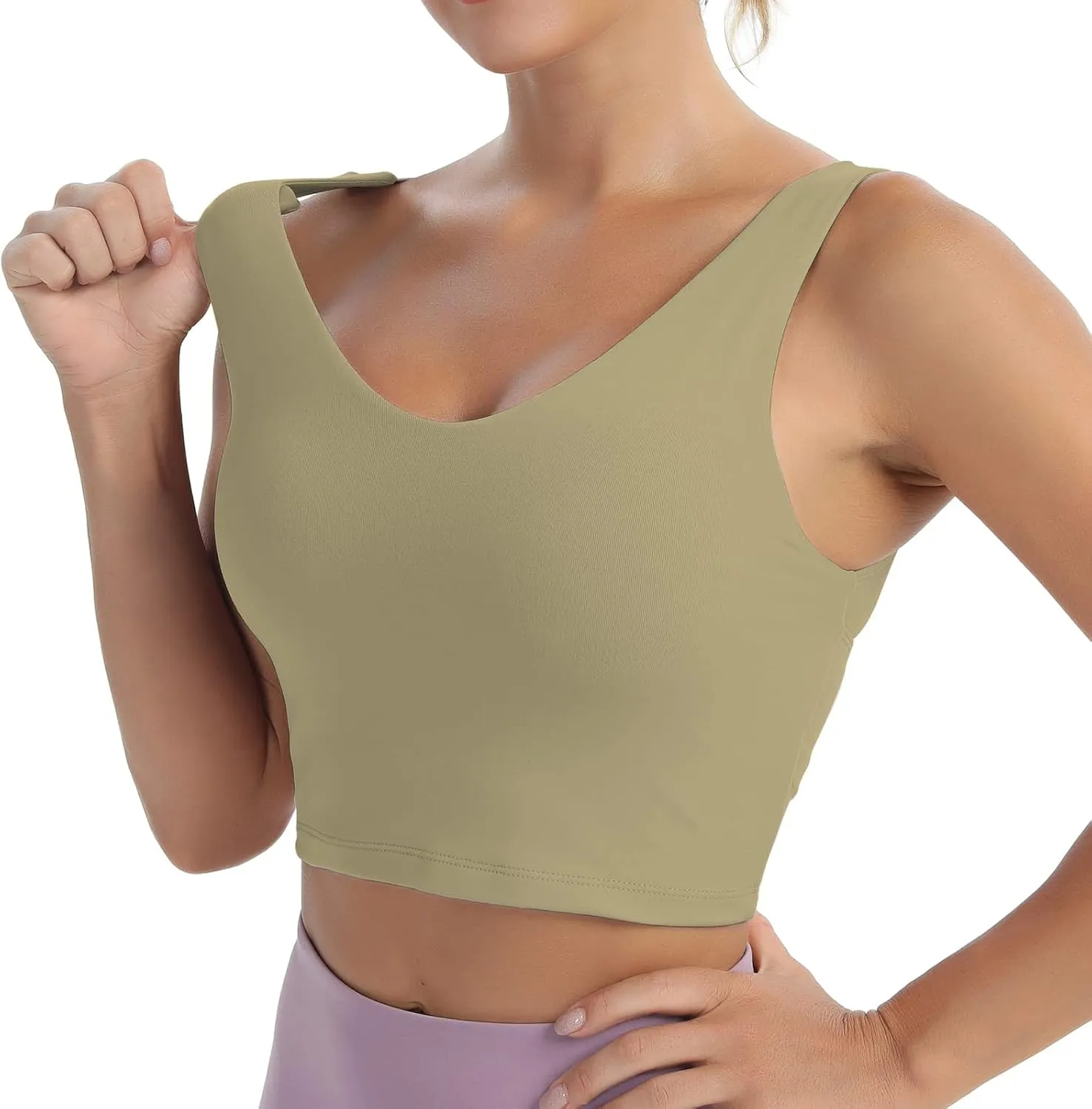 MATHACINO Longline Sports Bras for Women, V-Neck Workout Padded Sports Yoga Bra Aesthetic Sports BraTank Tops Crop Top
