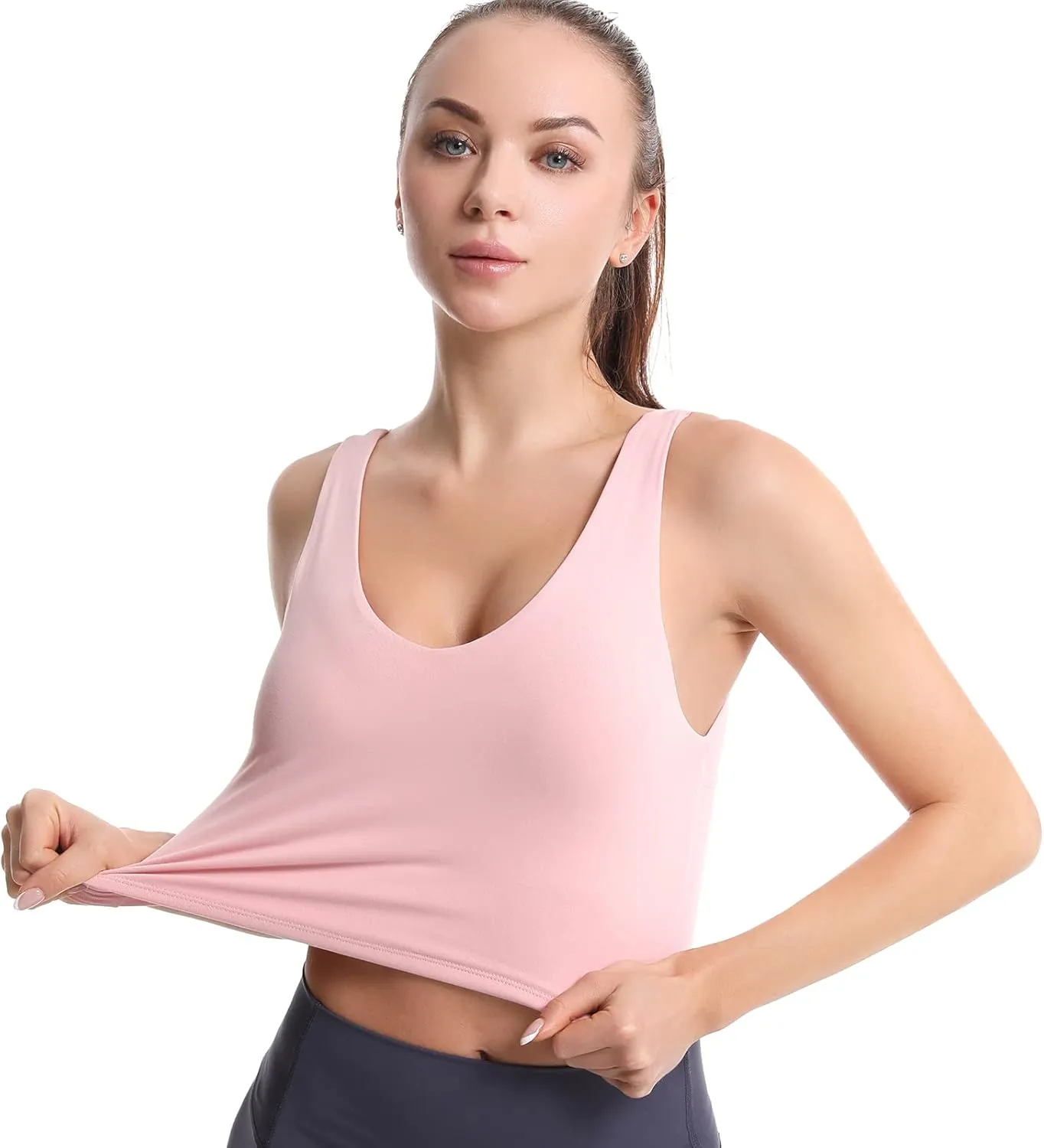 MATHACINO Longline Sports Bras for Women, V-Neck Workout Padded Sports Yoga Bra Aesthetic Sports BraTank Tops Crop Top