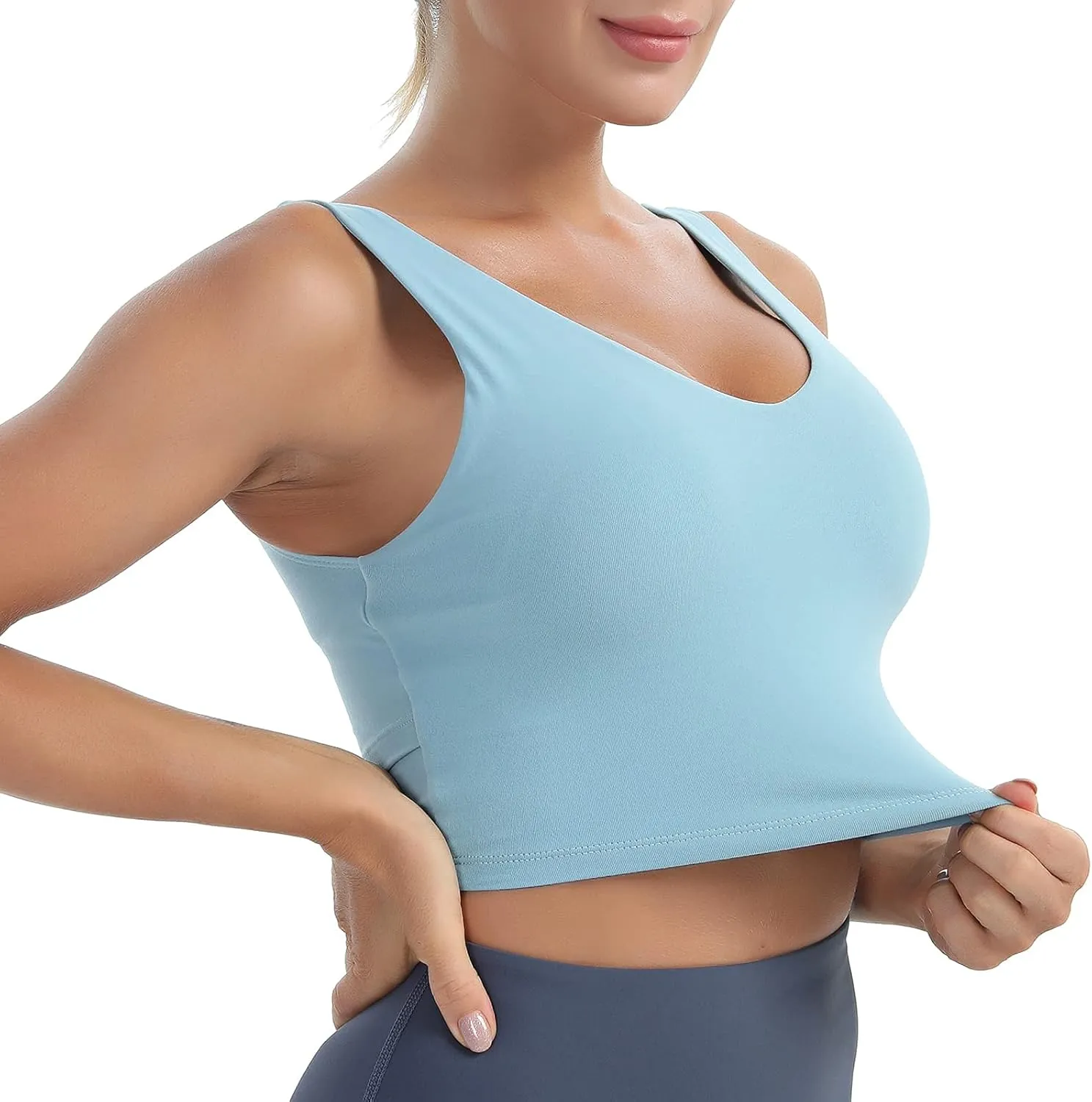 MATHACINO Longline Sports Bras for Women, V-Neck Workout Padded Sports Yoga Bra Aesthetic Sports BraTank Tops Crop Top