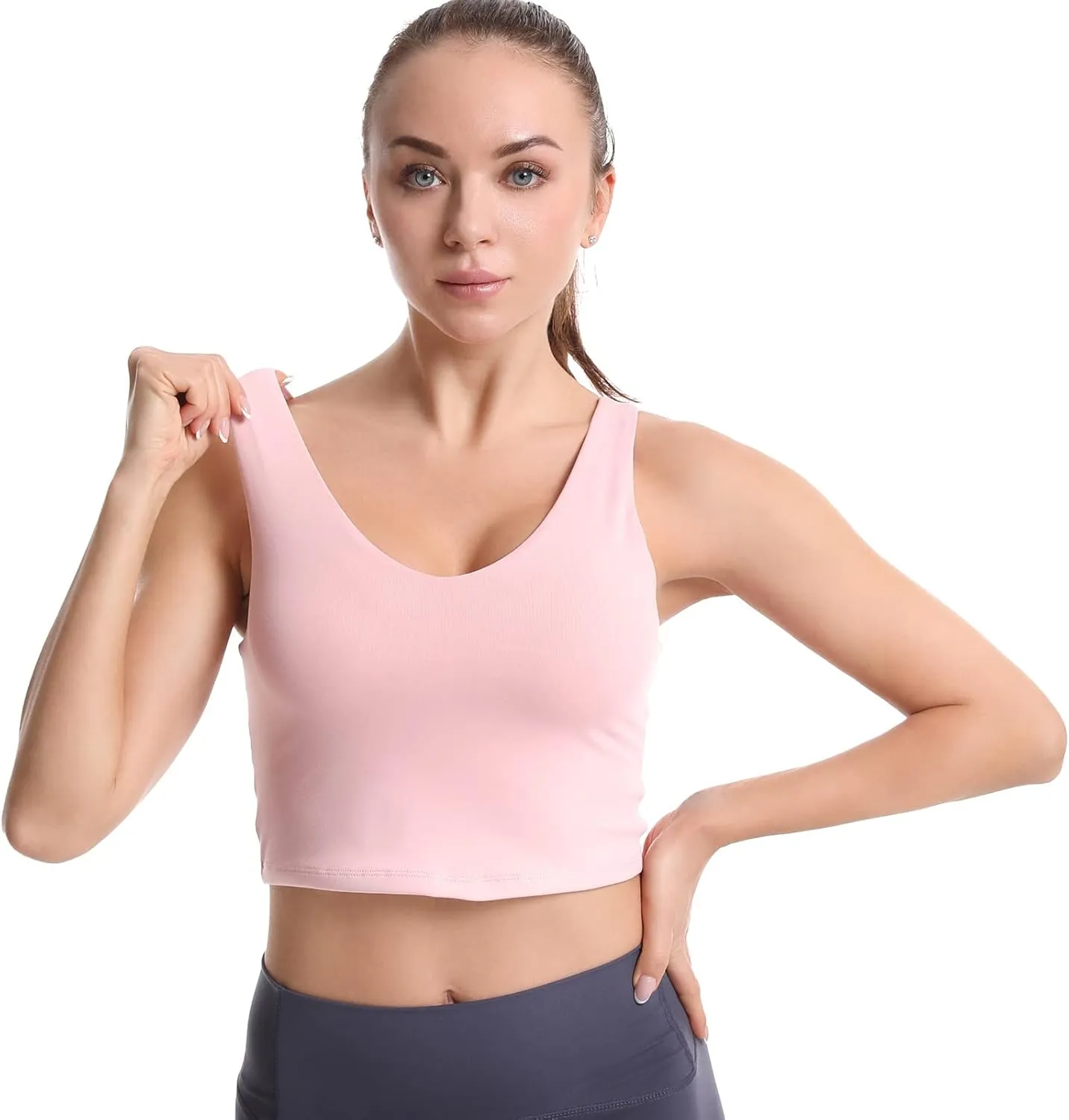 MATHACINO Longline Sports Bras for Women, V-Neck Workout Padded Sports Yoga Bra Aesthetic Sports BraTank Tops Crop Top