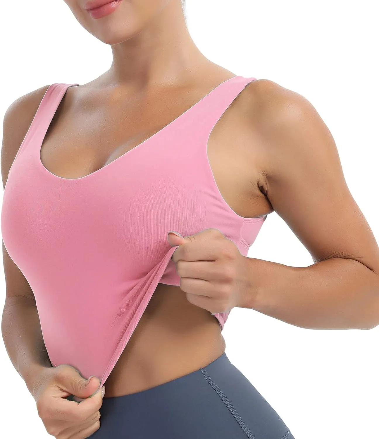 MATHACINO Longline Sports Bras for Women, V-Neck Workout Padded Sports Yoga Bra Aesthetic Sports BraTank Tops Crop Top