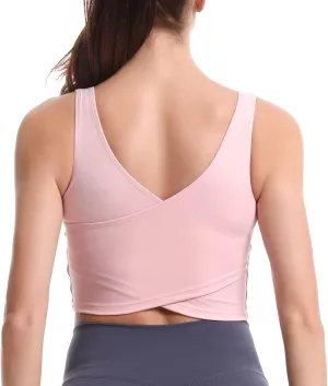 MATHACINO Longline Sports Bras for Women, V-Neck Workout Padded Sports Yoga Bra Aesthetic Sports BraTank Tops Crop Top