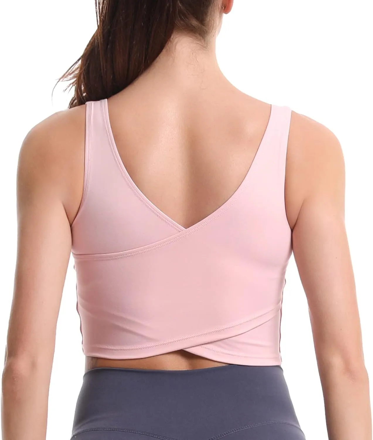 MATHACINO Longline Sports Bras for Women, V-Neck Workout Padded Sports Yoga Bra Aesthetic Sports BraTank Tops Crop Top