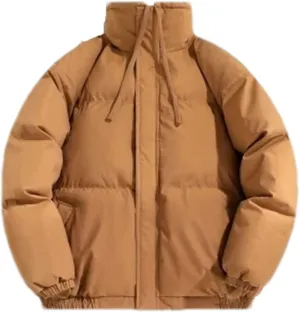 Men Drawstring Stand Collar Cotton-Padded Jacket Classic Zipper Thicken Oversized Parka Coat