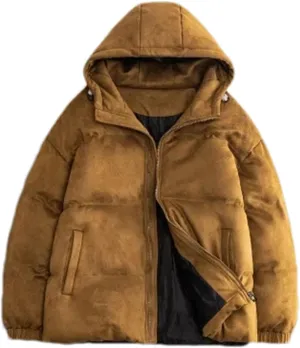 Men Outdoor Hooded Zipper Cotton-Padded Classic Thicken Oversized Suede Parka Coat